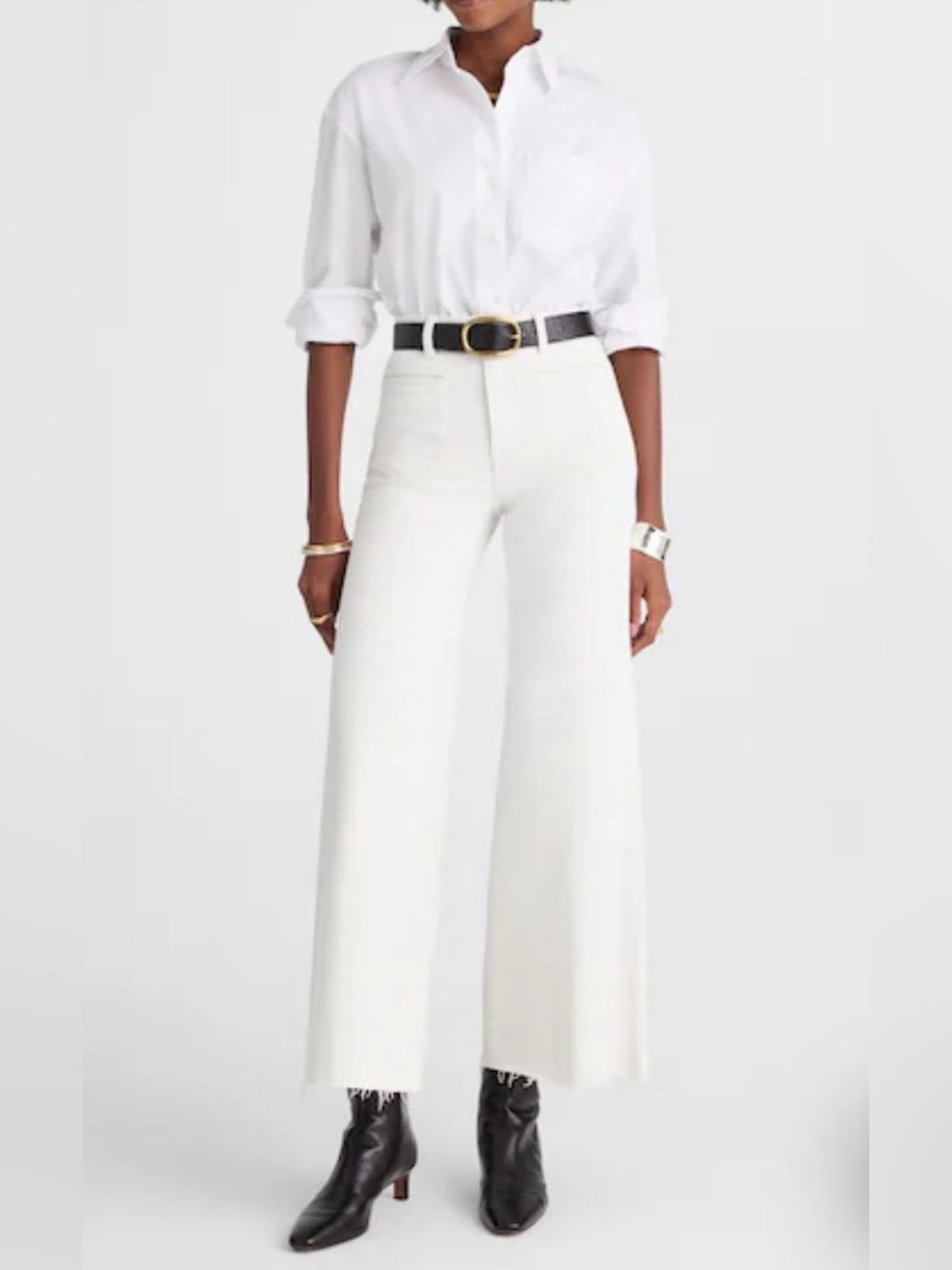 Madewell Flared Wide-Leg Jeans on vintage ivory with raw hem and cropped inseam